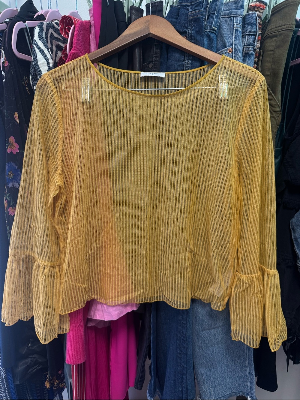 Babaton "Humbert" Striped Sheer Mesh Bell-Sleeve Blouse
